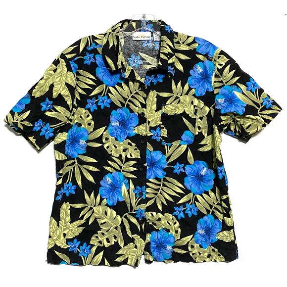 Vintage Sunbay Cottons Floral Button Shirt Women L Linen Blend Hawaiian Tropical - Picture 1 of 5